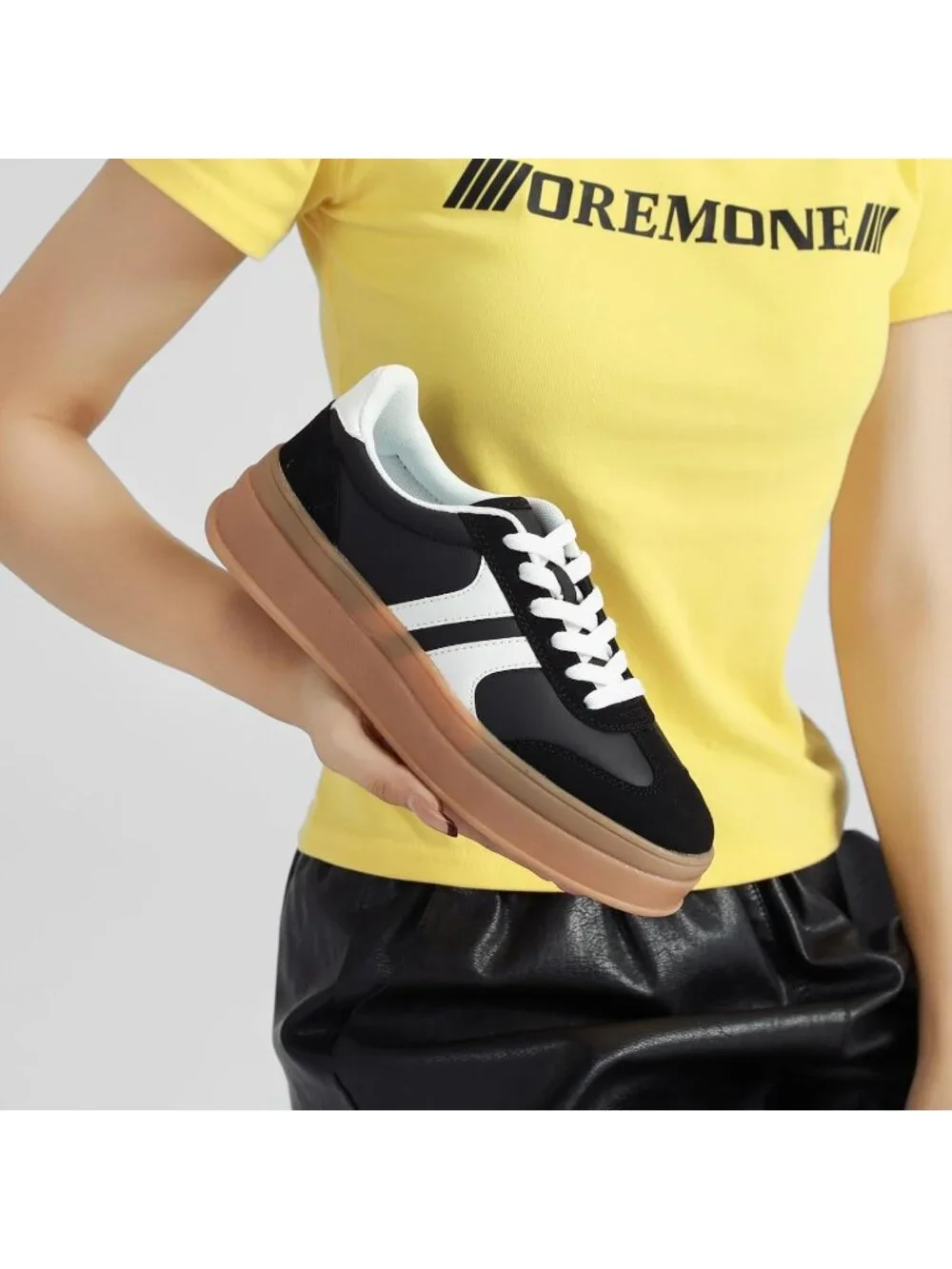 🆕Women's White Black Gum Sole Fashion Sneakers Thick Platform Sole Rubber Shoes